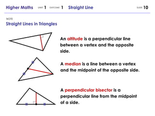 Straight Lines in Triangles NOTE An  altitude  is a perpendicular line between a vertex and the opposite side. A  median  is a line between a vertex and the midpoint of the opposite side. = = A  perpendicular bisector  is a perpendicular line from the midpoint of a side. Higher Maths  1  1  Straight Line UNIT OUTCOME SLIDE = = 