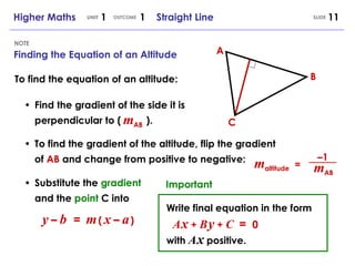 Finding the Equation of an Altitude NOTE Higher Maths  1  1  Straight Line UNIT OUTCOME A B To find the equation of an altitude: • Find the gradient of the side it is perpendicular to (  ). m AB C • To find the gradient of the altitude, flip the gradient of  AB  and change from positive to negative: m altitude   =  m AB – 1 • Substitute the  gradient and the  point  C into y   –   b   =   m   (   x   –   a   )   Important Write final equation in the form A   x  +  B   y  +  C   =  0 with  A   x  positive. SLIDE 