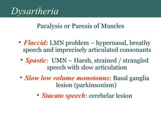 Dysartheria
Paralysis or Paresis of Muscles
• Flaccid: LMN problem – hypernasal, breathy
speech and imprecisely articulated consonants
• Spastic: UMN – Harsh, strained / strangled
speech with slow articulation
• Slow low volume monotonus: Basal ganglia
lesion (parkinsonism)
• Stacato speech: cerebelar lesion
 