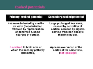 Evoked potentials
Primary evoked potential Secondary evoked potential
+ve wave followed by small –
ve wave (depolarization
followed by repolarization
of dendrites & some
neurons of cortex).
Large prolonged +ve wave,
caused by activation of
cortical neruons by signals
coming from non-specific
thalamic nuclei.
Localized to brain area at
which the sensory pathway
terminates.
Appears over most of the
cortex at the same time.
(not localized)
 