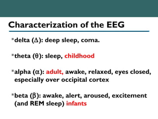 Characterization of the EEG
delta (∆): deep sleep, coma.
theta (θ): sleep, childhood
alpha (α): adult, awake, relaxed, eyes closed,
especially over occipital cortex
beta (β): awake, alert, aroused, excitement
(and REM sleep) infants
 