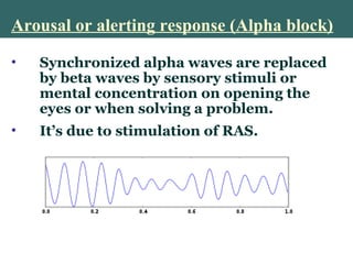 Arousal or alerting response (Alpha block)
• Synchronized alpha waves are replaced
by beta waves by sensory stimuli or
mental concentration on opening the
eyes or when solving a problem.
• It’s due to stimulation of RAS.
 