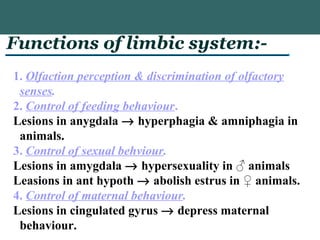 Functions of limbic system:-
1. Olfaction perception & discrimination of olfactory
senses.
2. Control of feeding behaviour.
Lesions in anygdala → hyperphagia & amniphagia in
animals.
3. Control of sexual behviour.
Lesions in amygdala → hypersexuality in ♂ animals
Leasions in ant hypoth → abolish estrus in ♀ animals.
4. Control of maternal behaviour.
Lesions in cingulated gyrus → depress maternal
behaviour.
 
