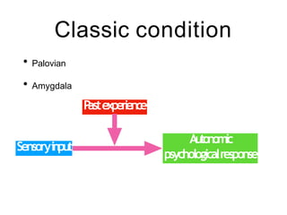 Classic condition
• Palovian
• Amygdala
Sensoryinput
P
astexperience
Autonomic
psychologicalresponse
 