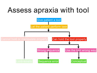Assess apraxia with tool
Give patient a tool
Let the patient perform task
Cannot hold or manipulate properly
Limb-kinetic
Wrong sequence
Sequence error
Use the tool wrong way
Conceptual
Can hold the tool properly
 