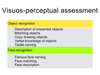 Visuos-perceptual assessment
Object recognition
Description of presented objects
Matching objects
Copy drawing objects
Verbal knowledge of objects
Tactile naming
Face recognition
Famous face naming
Face matching
Face description
 