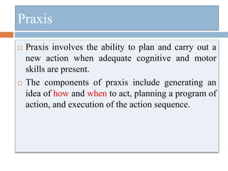 Praxis
 Praxis involves the ability to plan and carry out a
new action when adequate cognitive and motor
skills are present.
 The components of praxis include generating an
idea of how and when to act, planning a program of
action, and execution of the action sequence.
 