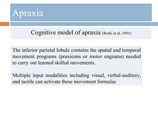 Cognitive model of apraxia (Rothi et al, 1991)
Apraxia
The inferior parietal lobule contains the spatial and temporal
movement programs (praxicons or motor engrams) needed
to carry out learned skilled movements.
Multiple input modalities including visual, verbal-auditory,
and tactile can activate these movement formulas
 