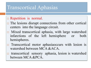 Transcortical Aphasias
 Repetition is normal.
 The lesions disrupt connections from other cortical
centers into the language circuit.
 Mixed transcortical aphasia, with large watershed
infarctions of the left hemisphere or both
hemispheres.
 Transcortical motor aphasiaoccurs with lesion is
watershed between MCA &ACA.
 transcortical sensory aphasia, lesion is watershed
between MCA &PCA.
 