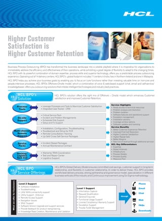 Higher Customer
Satisfaction is
Higher Customer Retention
Business Process Outsourcing (BPO) has transformed the business landscape into a volatile playfield where it is imperative for organizations to
immediately address the efficiency and effectiveness of their operations, while exhibiting a great degree of flexibility to adapt to the changing times.
HCL BPO with its powerful combination of domain expertise, process skills and superior technology, offers you a predictable process outsourcing
experience. Operating out of 14 delivery centers, HCL BPO’s global footprint includes 11 centers in India, two in Northern Ireland and one in Malaysia.
HCL BPO helps you achieve your business goals by enabling you to focus on core functions rather than investing valuable time on non-core and
people-intensive processes. HCL BPO's Offshore–Onsite model, which a combination of voice & web-based support (chat, email and self-service/
knowledgebase), offers you outsourcing solutions that imbibe intelligent technologies and industry best practices.


                                   HCL BPO’s                          HCL BPO’s solution offers the right mix of Offshore – Onsite model which enhances Customer
                                   Solution                           satisfaction and improves Customer Retention.

                                                                                                                               Service Highlights
                                   Process/              Leverage Processes and Tools to Maximize Customer Satisfaction
                                                         Ÿ
                                                                                                                               ŸReady access to technical resources
                                    Tools                Integrated Case Tracker - CRM
                                                         Ÿ
                                                                                                                               ŸProblem analysis and resolution
                                                                                                                               ŸProblem isolation
                                                         Critical Service Pack
                                                         Ÿ                                                                     ŸSoftware features and operational support
                                   On-site               Incident and Problem Managements
                                                         Ÿ                                                                     ŸEscalation management
                                   Support               Scheduled Site Support
                                                         Ÿ                                                                     ŸInstallation advisory
                                                         Ÿ and Fix Support
                                                         Setup                                                                 ŸCoverage window options
                                                                                                                               ŸSoftware updates and licensing
                                                                                                                               Service Benefits
                                                         Installation, Configuration, Troubleshooting
                                                         Ÿ
                                                                                                                               ŸBetter Customer Experience/ Retention
                   Multi-channel                         Troubleshoot and Strive for FCR
                                                         Ÿ                                                                     ŸImproved First Call Resolution
                     Remote                              Remote Consultation/ Training
                                                         Ÿ                                                                     ŸHigher Customer Satisfaction
                     Support                             Up Sell/ Cross Sell Service Packages
                                                         Ÿ                                                                     ŸHigher Repeat Sale
                                                                                                                               ŸBetter Margins
                                                                                                                               Ÿ line of revenue through additional services
                                                                                                                                New
                                   Service               Incident Based Packages
                                                         Ÿ
                                                                                                                               HCL Key Differentiators
                                    Packs                Annual Maintenance Contract
                                                         Ÿ
                                                                                                                               ŸExpertise
                                                                                                                               ŸGlobal Alliances
                                                                                                                               ŸInfrastructure
                                   Stocking/             Warranty/ RMA Coordination
                                                         Ÿ
                                                                                                                               ŸProcess Models
                                   Logistics             Ÿ and Repair Center
                                                         Test                                                                  ŸProcess Quality
                                   Back End              Logistics Support
                                                         Ÿ                                                                     ŸResource Pool



                                                                       HCL BPO's Global Delivery Model ensures committed cost savings, customer support in long-term
                                   HCL BPO                             relationship, and flexibility in customer relationship. In order to deliver these, HCL BPO provides
                                   Service Offerings                   world's best delivery process, strong partnership and governance model, specialization in different
                                                                       business verticals of the industry and Continuous improvement using Six Sigma methodology.
     What we offer for Customers




                                    Level 2 Support                                                                                                         Phone
                                    Ÿ Software Installation
                                                                                             Level 1 Support                                                Email
                                    ŸTroubleshooting
                                    Ÿ WAN connectivity support
                                     LAN/                                                    ŸInformation Capture
                                                                                             ŸRequest Qualification                                         Chat
                                    Ÿ Support - Antivirus
                                     Utility
                                                                                             ŸGeneral Enquiries                          through
                                    ŸRemote Access Support
                                    ŸNavigation Issues                                       ŸFunctional Usage Support                                      Web
                                    Ÿ Support
                                     SPoC                                                    ŸLicense Compliancy/ Warranty Support
                                    ŸSoftware Version Upgrade and support services           ŸEscalation Support                                            FAQs
                                    ŸProvide feedback for product reengineering              ŸTrouble Ticket Management
                                    ŸKnowledge Base Creation, Maintenance and Updation                                                                      Downloads
 