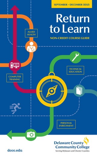 dccc.edu Serving Delaware and Chester Counties
SEPTEMBER – DECEMBER 2015
NON-CREDIT COURSE GUIDE
Return
toLearn
COMPUTER
TRAINING
PERSONAL
ENRICHMENT
TECHNICAL
EDUCATION
ALLIED
HEALTH
 