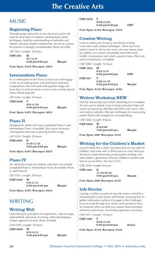 28 Delaware County Community College • FALL 2015 • www.dccc.edu
The Creative Arts
MUSIC
Beginning Piano
Through group instruction in our electronic piano lab
learn to read musical notation, develop basic piano
techniques, build an understanding of melodies and
chords, and play simple compositions. Access to a piano
for practice is strongly recommended. Book included.
LSP 5463 / Length: 20 hours.
CRN 368	 M
	 9/7-11/9
	 6:00 pm-8:00 pm	 Marple
Cost: Spon. $167; Non-spon. $215
Intermediate Piano
As a continuation of the Piano I course you will engage
in the art of making music and learning to read new
compositions. You will work with popular songs and
learn how to analyze music so new scores can be played.
Piano I book required.
LSP 5646 / Length: 20 hours
CRN 2886	 T
	 9/8-11/10
	 6:00 pm-8:00 pm	 Marple
Cost: Spon. $167; Non-spon. $215
Piano II
Designed for adults who have completed Piano I (and
Intermediate Piano, if needed). This course increases
training from exercises to playing familiar songs.
LSP 5524 / Length: 20 hours
CRN 2887	 R
	 9/10-11/12
	 6:00 pm-8:00 pm	 Marple
Cost: Spon. $167; Non-spon. $215
Piano IV
An advanced course for students who have successfully
completed Piano I, Intermediate Piano (if needed), Piano
II, and Piano III.
LSP 5703 / Length: 20 hours
CRN 2100	 W
	 9/9-11/11
	 6:00 pm-8:00 pm	 Marple
Cost: Spon. $167; Non-spon. $215
WRITING
Writing Well
Learn the basic principles of composition, rules of usage,
and methods and forms of writing, while developing a
unique approach to style. Book included.
CAR 5586 / Length: 20 hours
CRN 2888	 W
	 9/9-11/11
	 6:30 pm-8:30 pm	 Marple
CRN 2856	 T
	 9/22-11/24
	 6:30 pm-8:30 pm 	 DNT
Cost: Spon. $145; Non-spon. $175
Creative Writing
Learn to make your fiction or non-fiction writing
come alive with creative techniques. (Does not cover
poetry.) Learn to see in new ways, use your senses more
accurately, set a mood, use people more effectively,
handle conversation and create a point of view. Does not
teach writing basics or English.
CAR 3080 / Length: 16 hours
CRN 1924	 M
	 9/21-11/9
	 6:00 pm-8:00 pm	 DNT
CRN 367	 T
	 9/22-11/10
	 6:30 pm-8:30 pm	 Marple
Cost: Spon. $112; Non-spon. $164
Writers Workshop NEW
Start the manuscript you’ve been dreaming of, or complete
the one you’ve started. Learn to keep motivation high and
word count growing. Develop and refine your voice, char-
acterization, and plot. Discover techniques for overcoming
writer’s block and strategies for revising/editing.
CAR 5606 / Length: 8 hours
CRN 2889	 W
	 9/9-9/30
	 7:00 pm-9:00 pm	 Marple
Cost: Spon. $89; Non-spon. $119
Writing for the Children’s Market
Learn to think like a child, find ideas that are just right for
children, and write with a child’s point of view. Discover
the basics of plot that keep young readers reading, and
what makes a good story. Discuss children’s markets and
how to access them. No class 11/27.
CAR 3440 / Length: 8 hours
CRN 1941	 R
	 11/12-12/10
	 7:00 pm-9:00 pm	 Marple
Cost: Spon. $89; Non-spon. $119
Life Stories
Leaving a written account of your life stories would be a
treasured gift to your family and friends. Knowing how to
gather information and put it to paper is the challenge!
Learn to work through your stories with assistance from
an instructor who can help you capture those beautiful
memories and events. No writing experience necessary.
CAR 4321 / Length: 16 hours
CRN 1997	 T
	 9/22-11/10
	 6:00 pm-8:00 pm	 Exton
Cost: Spon. $119; Non-spon. $149
 