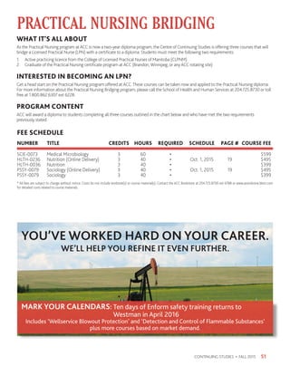 51CONTINUING STUDIES • FALL 2015
PRACTICAL NURSING BRIDGING
WHAT IT’S ALL ABOUT
As the Practical Nursing program at ACC is now a two-year diploma program, the Centre of Continuing Studies is offering three courses that will
bridge a Licensed Practical Nurse (LPN) with a certificate to a diploma. Students must meet the following two requirements:
1.	 Active practicing licence from the College of Licensed Practical Nurses of Manitoba (CLPNM)
2.	 Graduate of the Practical Nursing certificate program at ACC (Brandon, Winnipeg, or any ACC rotating site)
INTERESTED IN BECOMING AN LPN?
Get a head start on the Practical Nursing program offered at ACC.These courses can be taken now and applied to the Practical Nursing diploma.
For more information about the Practical Nursing Bridging program, please call the School of Health and Human Services at 204.725.8730 or toll
free at 1.800.862.6307 ext 6228.
PROGRAM CONTENT
ACC will award a diploma to students completing all three courses outlined in the chart below and who have met the two requirements
previously stated.
FEE SCHEDULE
NUMBER 	 TITLE 	 CREDITS	 HOURS 	REQUIRED	 SCHEDULE	 PAGE #	 COURSE FEE
SCIE-0073	 Medical Microbiology	 3	 60	 •			 $599
HLTH-0236	 Nutrition (Online Delivery)	 3	 40	 •	 Oct. 1, 2015	 19	 $495
HLTH-0036	Nutrition	 3	 40	 •			 $399
PSSY-0079	 Sociology (Online Delivery)	 3	 40	 •	 Oct. 1, 2015	 19	 $495
PSSY-0079	 Sociology 	 3	 40	 •			 $399
* All fees are subject to change without notice. Costs do not include textbook(s) or course material(s). Contact the ACC Bookstore at 204.725.8700 ext 6788 or www.assiniboine.bkstr.com
for detailed costs related to course materials.
YOU’VE WORKED HARD ON YOUR CAREER.
WE’LL HELP YOU REFINE IT EVEN FURTHER.
MARK YOUR CALENDARS: Ten days of Enform safety training returns to 		
	 Westman in April 2016
Includes ‘Wellservice Blowout Protection’ and ‘Detection and Control of Flammable Substances’
plus more courses based on market demand.
 