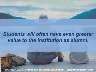 Students will often have even greater
  value to the institution as alumni.




*Source: A 2020 Perspective on Higher Education – themarketingprof.com
 