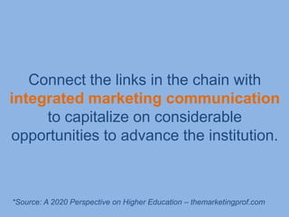 Connect the links in the chain with
integrated marketing communication
     to capitalize on considerable
opportunities to advance the institution.



*Source: A 2020 Perspective on Higher Education – themarketingprof.com
 