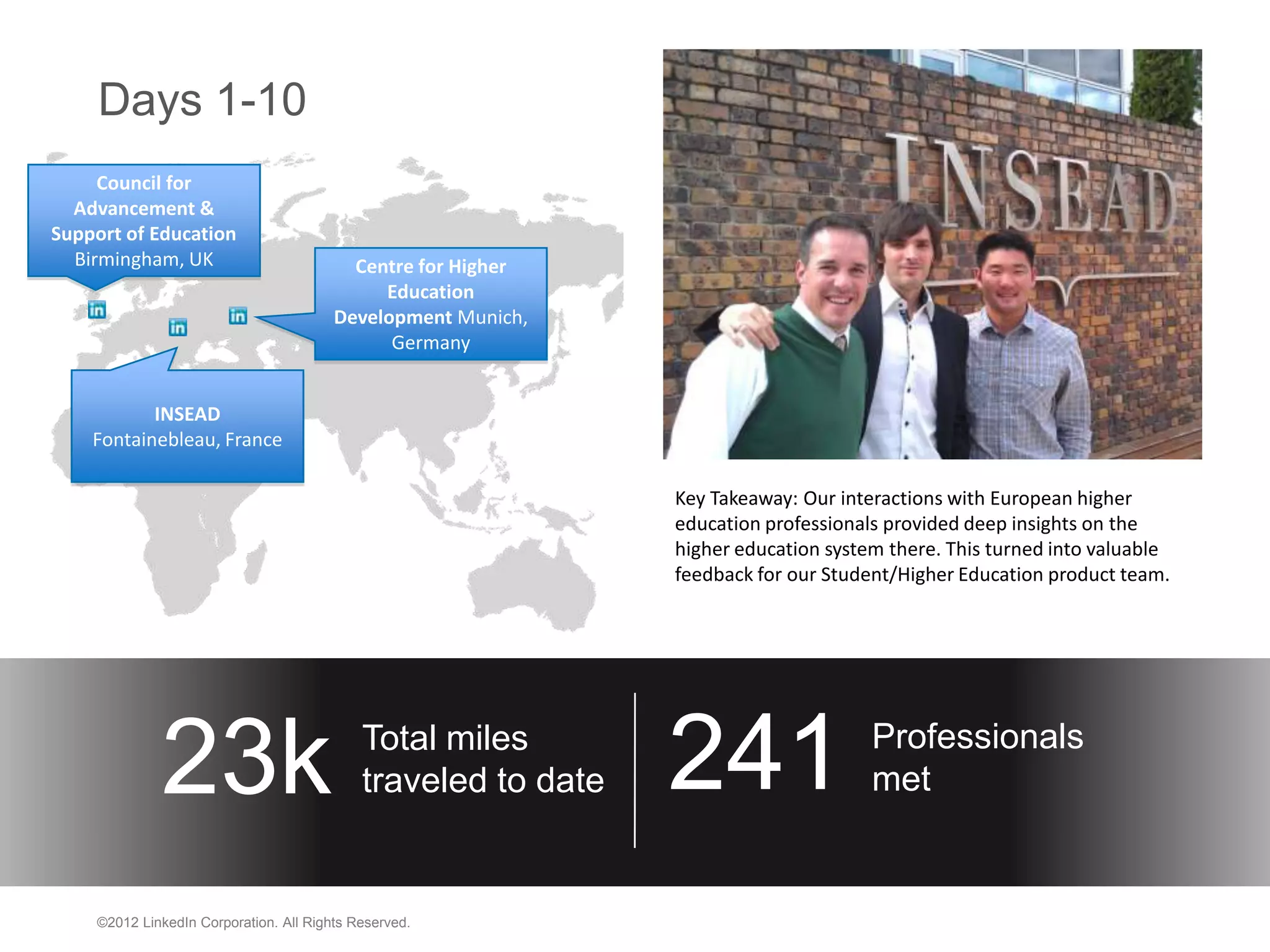 Days 1-10
     Council for
  Advancement &
Support of Education
  Birmingham, UK                          Centre for Higher
                                             Education
                                        Development Munich,
                                              Germany


           INSEAD
    Fontainebleau, France

                                                               Key Takeaway: Our interactions with European higher
                                                               education professionals provided deep insights on the
                                                               higher education system there. This turned into valuable
                                                               feedback for our Student/Higher Education product team.




             23k                            Total miles
                                            traveled to date   241                   Professionals
                                                                                     met


    ©2012 LinkedIn Corporation. All Rights Reserved.
 