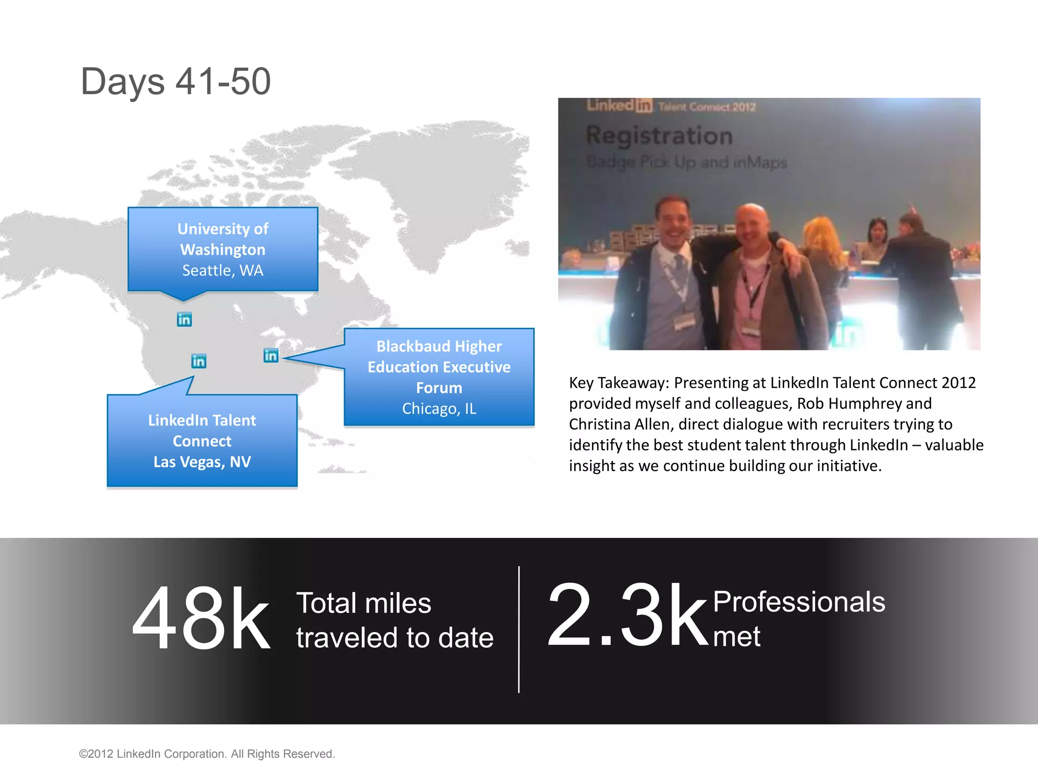 Days 41-50


                  University of
                  Washington
                  Seattle, WA



                                                    Blackbaud Higher
                                                   Education Executive
                                                         Forum           Key Takeaway: Presenting at LinkedIn Talent Connect 2012
                                                       Chicago, IL       provided myself and colleagues, Rob Humphrey and
            LinkedIn Talent                                              Christina Allen, direct dialogue with recruiters trying to
                Connect                                                  identify the best student talent through LinkedIn – valuable
             Las Vegas, NV                                               insight as we continue building our initiative.




         48k                            Total miles
                                        traveled to date                 2.3k                Professionals
                                                                                             met


©2012 LinkedIn Corporation. All Rights Reserved.
 