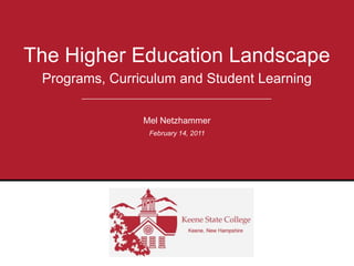 Programs, Curriculum and Student Learning The Higher Education Landscape Mel Netzhammer February 14, 2011 
