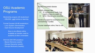 OSU Academic
Programs
Mentorship program (20 students/yr)
- OSUOSL; paid hands-on learning
Formal Courses (40-80 students/yr)
- Linux System Administration
- Open Source Development
Soon to be offered online,
available as transfer credit to
students at other universities
Informal (200-300 people/yr)
- Beaver Barcamp (yearly)
- Devops Daycamp (yearly)
- Devops Bootcamp (weekly)
Student requested classes
85-90% success rate
● 3+ contributions (code, bug
report or docs by week 10)
● 25%+ Women and minorities
Hands-on support to overcome social
and technical hurdles
Course materials online, free to use
 