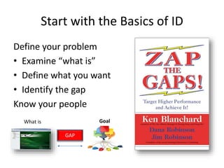 Start with the Basics of ID
Define your problem
• Examine “what is”
• Define what you want
• Identify the gap
Know your pe...