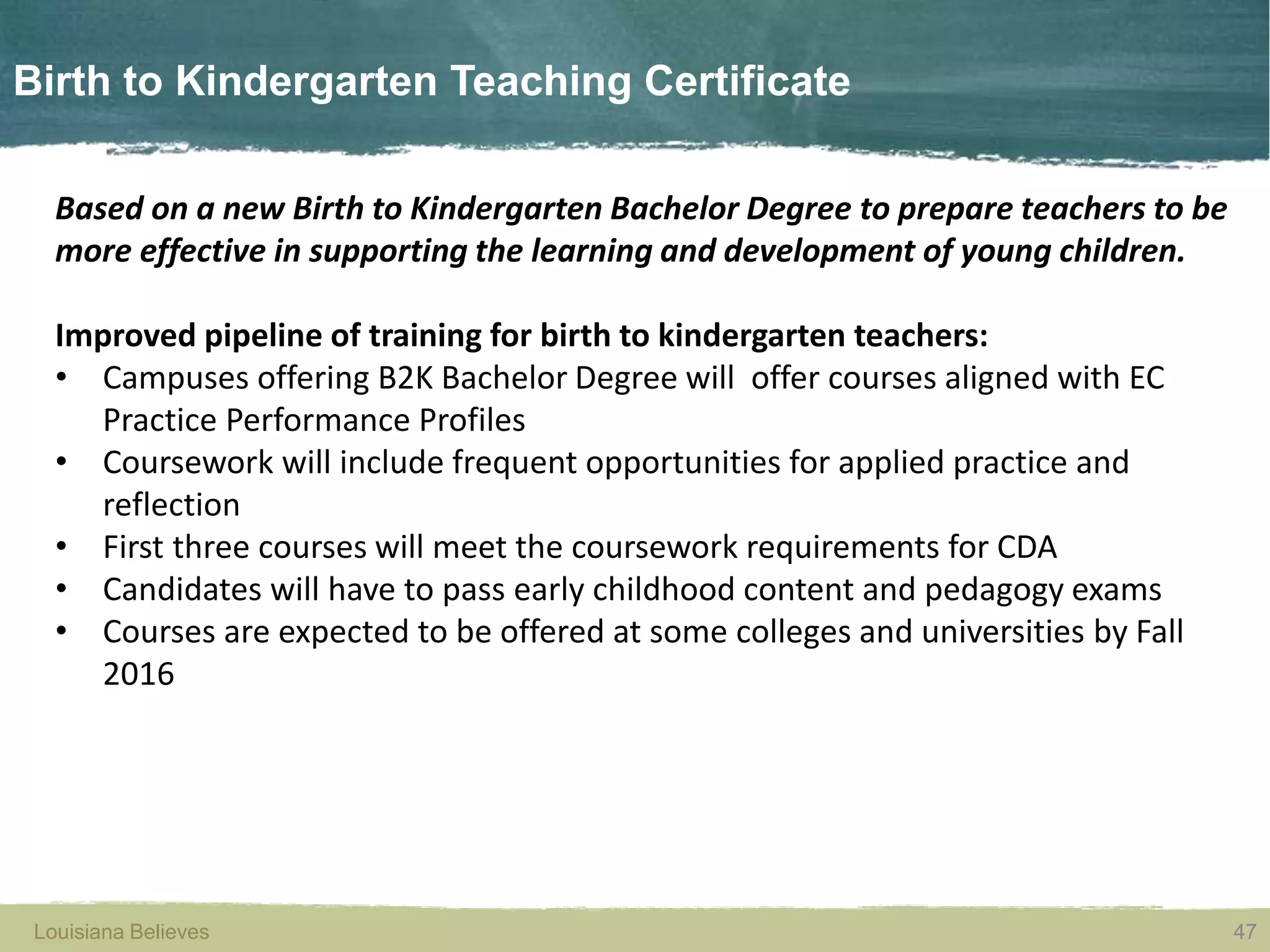 Louisiana Believes 47Louisiana Believes
Based on a new Birth to Kindergarten Bachelor Degree to prepare teachers to be
more effective in supporting the learning and development of young children.
Improved pipeline of training for birth to kindergarten teachers:
• Campuses offering B2K Bachelor Degree will offer courses aligned with EC
Practice Performance Profiles
• Coursework will include frequent opportunities for applied practice and
reflection
• First three courses will meet the coursework requirements for CDA
• Candidates will have to pass early childhood content and pedagogy exams
• Courses are expected to be offered at some colleges and universities by Fall
2016
Birth to Kindergarten Teaching Certificate
47
 