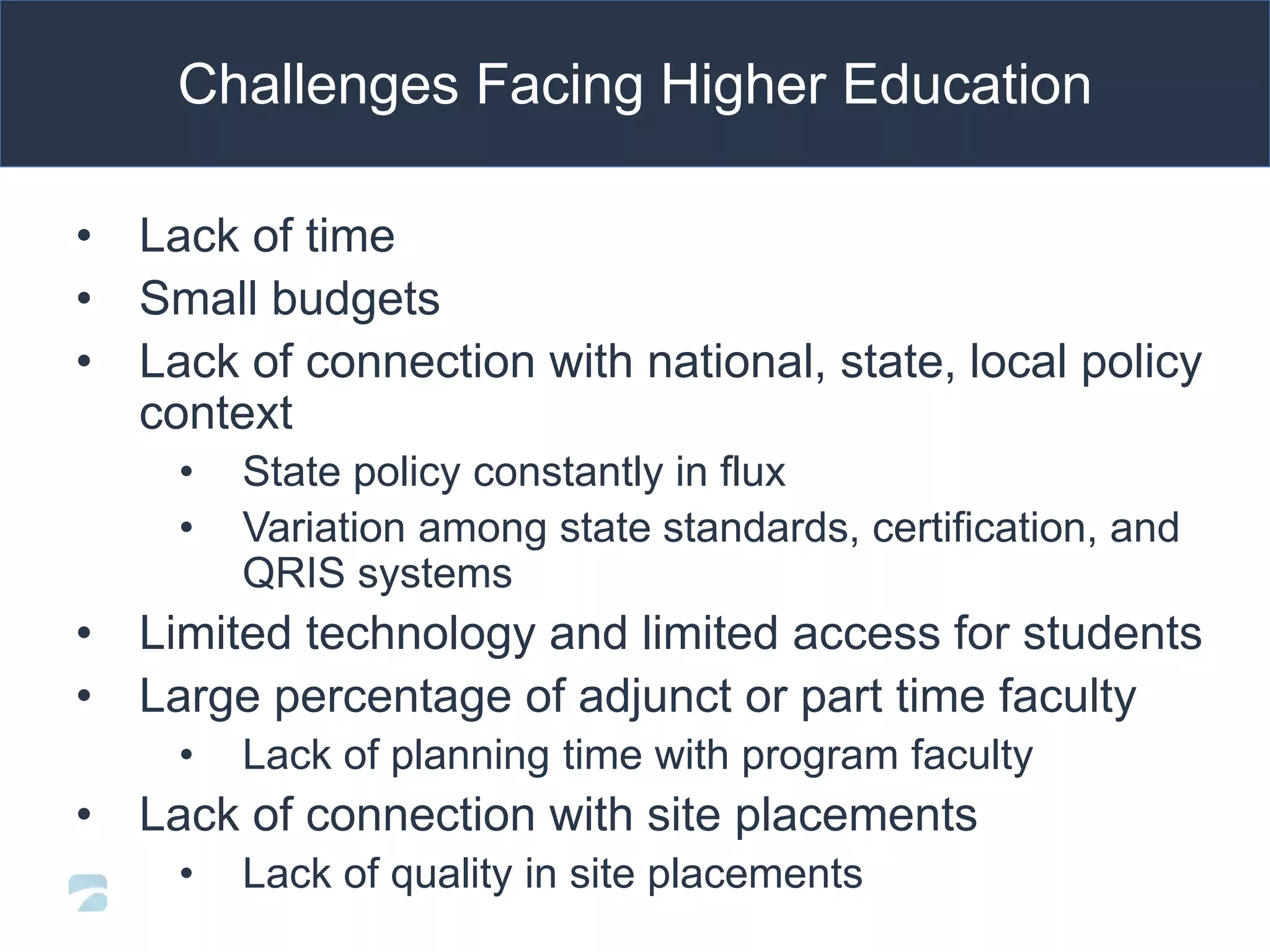 Challenges Facing Higher Education
• Lack of time
• Small budgets
• Lack of connection with national, state, local policy
context
• State policy constantly in flux
• Variation among state standards, certification, and
QRIS systems
• Limited technology and limited access for students
• Large percentage of adjunct or part time faculty
• Lack of planning time with program faculty
• Lack of connection with site placements
• Lack of quality in site placements
 