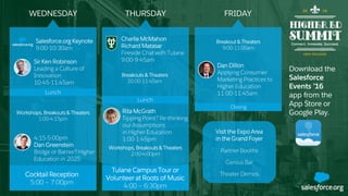 WEDNESDAY THURSDAY FRIDAY
Download the
Salesforce
Events ’16
app from the
App Store or
Google Play.
Lunch
Workshops, Breakouts & Theaters
1:00-4:15pm
Sir Ken Robinson
Leading a Culture of
Innovation
10:45-11:45am
Salesforce.org Keynote
9:00-10:30am
4:15-5:00pm
Dan Greenstein
Bridge or Barrier? Higher
Education in 2025
Visit the Expo Area
in the Grand Foyer
Partner Booths
Genius Bar
Theater DemosCocktail Reception
5:00 – 7:00pm
Charlie McMahon
Richard Matasar
Fireside Chat with Tulane
9:00-9:45am
Breakouts & Theaters
10:00-11:45am
Lunch
Rita McGrath
Tipping Point? Re-thinking
our Assumptions
in Higher Education
1:00-1:45pm
Workshops, Breakouts & Theaters
2:00-4:00pm
Tulane Campus Tour or
Volunteer at Roots of Music
4:00 – 6:30pm
Breakout & Theaters
9:00-11:00am
Dan Dillon
Applying Consumer
Marketing Practices to
Higher Education
11:00-11:45am
Closing
 