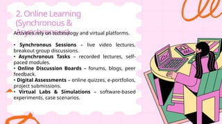 2. Online Learning
(Synchronous &
Asynchronous)
Activities rely on technology and virtual platforms.
• Synchronous Sessions – live video lectures,
breakout group discussions.
• Asynchronous Tasks – recorded lectures, self-
paced modules.
• Online Discussion Boards – forums, blogs, peer
feedback.
• Digital Assessments – online quizzes, e-portfolios,
project submissions.
• Virtual Labs & Simulations – software-based
experiments, case scenarios.
 