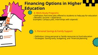 Financing Options in Higher
Education
4. Work-Study Programs
• Definition: Part-time jobs offered to students to help pay for education
• Benefits: Income + experience
Examples: Campus jobs, internships with stipends`
5. Personal Savings & Family Support
• Definition: Using personal or family resources to fund education
• Strategies: Saving early, budgeting, and financial planning
 
