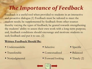Feedback is a useful tool when provided to students in an interactive
and proactive dialogue.(1) Feedback must be tailored to meet the
student needs; be supplemented by feedback from other sources
thereby varying the types of feedback; be geared towards strengthening
the students’ ability to assess their own work with a long-term purpose;
and, feedback conditions should encourage and motivate students to
seek feedback and put it to use. (2)
Written Feedback Should Be:
 Understandable  Selective  Specific
 Transferable  Contextualized  Balanced
 Nonjudgmental  Forward looking  Timely (2)
The Importance of Feedback
 