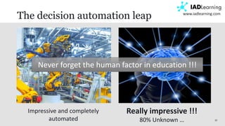 22
www.iadlearning.com
The decision automation leap
Impressive and completely
automated
Really impressive !!!
80% Unknown …
Never forget the human factor in education !!!
 