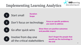 24
www.iadlearning.com
Implementing Learning Analytics
1 Start small
Duration
Scope
2 Don’t focus on technology Focus on specific problems
you want to address
3 Go after quick wins
Show there are positive outcomes
and possible impact
4
Involve from day one
all the critical stakeholders
Don’t forget the people that
would use the technology in
the end
 