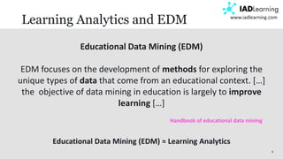 6
www.iadlearning.com
Learning Analytics and EDM
Educational Data Mining (EDM)
EDM focuses on the development of methods for exploring the
unique types of data that come from an educational context. […]
the objective of data mining in education is largely to improve
learning […]
Handbook of educational data mining
Educational Data Mining (EDM) ≈ Learning Analytics
 