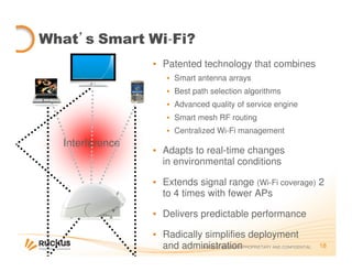 18RUCKUS WIRELESS PROPRIETARY AND CONFIDENTIAL
Interference
What’s Smart Wi-Fi?
▪ Patented technology that combines
▪ Smart antenna arrays
▪ Best path selection algorithms
▪ Advanced quality of service engine
▪ Smart mesh RF routing
▪ Centralized Wi-Fi management
▪ Adapts to real-time changes
in environmental conditions
▪ Extends signal range (Wi-Fi coverage) 2
to 4 times with fewer APs
▪ Delivers predictable performance
▪ Radically simplifies deployment
and administration
 