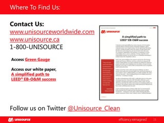 Where To Find Us:
Contact Us:
www.unisourceworldwide.com
www.unisource.ca
1-800-UNISOURCE
Access Green Gauge
Access our white paper,
A simplified path to
LEED® EB-O&M success

Follow us on Twitter @Unisource_Clean
15

 