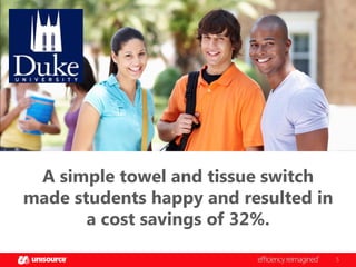 A simple towel and tissue switch
made students happy and resulted in
a cost savings of 32%.
5

 