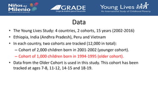Data
• The Young Lives Study: 4 countries, 2 cohorts, 15 years (2002-2016)
• Ethiopia, India (Andhra Pradesh), Peru and Vietnam
• In each country, two cohorts are tracked (12,000 in total):
– Cohort of 2,000 children born in 2001-2002 (younger cohort).
– Cohort of 1,000 children born in 1994-1995 (older cohort).
• Data from the Older Cohort is used in this study. This cohort has been
tracked at ages 7-8, 11-12, 14-15 and 18-19.
 