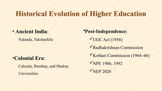 Historical Evolution of Higher Education
• Ancient India:
Nalanda, Takshashila
•Colonial Era:
Calcutta, Bombay, and Madras
Universities
•Post-Independence:
UGC Act (1956)
Radhakrishnan Commission
Kothari Commission (1964–66)
NPE 1986, 1992
NEP 2020
 
