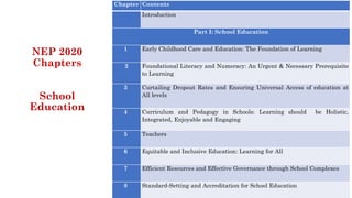NEP 2020
Chapters
School
Education
Chapter Contents
Introduction
Part I: School Education
1 Early Childhood Care and Education: The Foundation of Learning
2 Foundational Literacy and Numeracy: An Urgent & Necessary Prerequisite
to Learning
3 Curtailing Dropout Rates and Ensuring Universal Access of education at
All levels
4 Curriculum and Pedagogy in Schools: Learning should be Holistic,
Integrated, Enjoyable and Engaging
5 Teachers
6 Equitable and Inclusive Education: Learning for All
7 Efficient Resources and Effective Governance through School Complexes
8 Standard-Setting and Accreditation for School Education
 