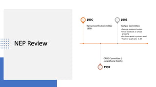 NEP Review
Ramamoorthy Committee
1990
1990
CABE Committee (
Janardhana Reddy)
1992
Yashpal Committee
• Reduce academic burden
• Treat text book as school
property
• No home work in primary level
• Teacher pupil ratio 1:30
1993
 