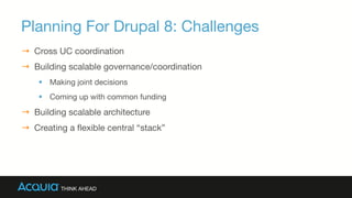 Planning For Drupal 8: Challenges
→  Cross UC coordination
→  Building scalable governance/coordination
§  Making joint decisions
§  Coming up with common funding
→  Building scalable architecture
→  Creating a ﬂexible central “stack”

 