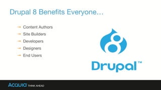 Drupal 8 Beneﬁts Everyone…
→  Content Authors
→  Site Builders
→  Developers
→  Designers
→  End Users
 