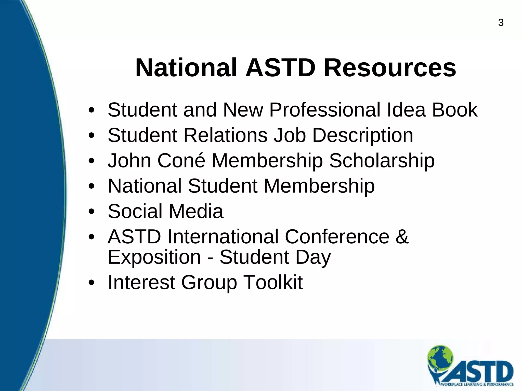 National ASTD Resources Student and New Professional Idea Book Student Relations Job Description John Coné Membership Scholarship  National Student Membership Social Media ASTD International Conference & Exposition - Student Day  Interest Group Toolkit 