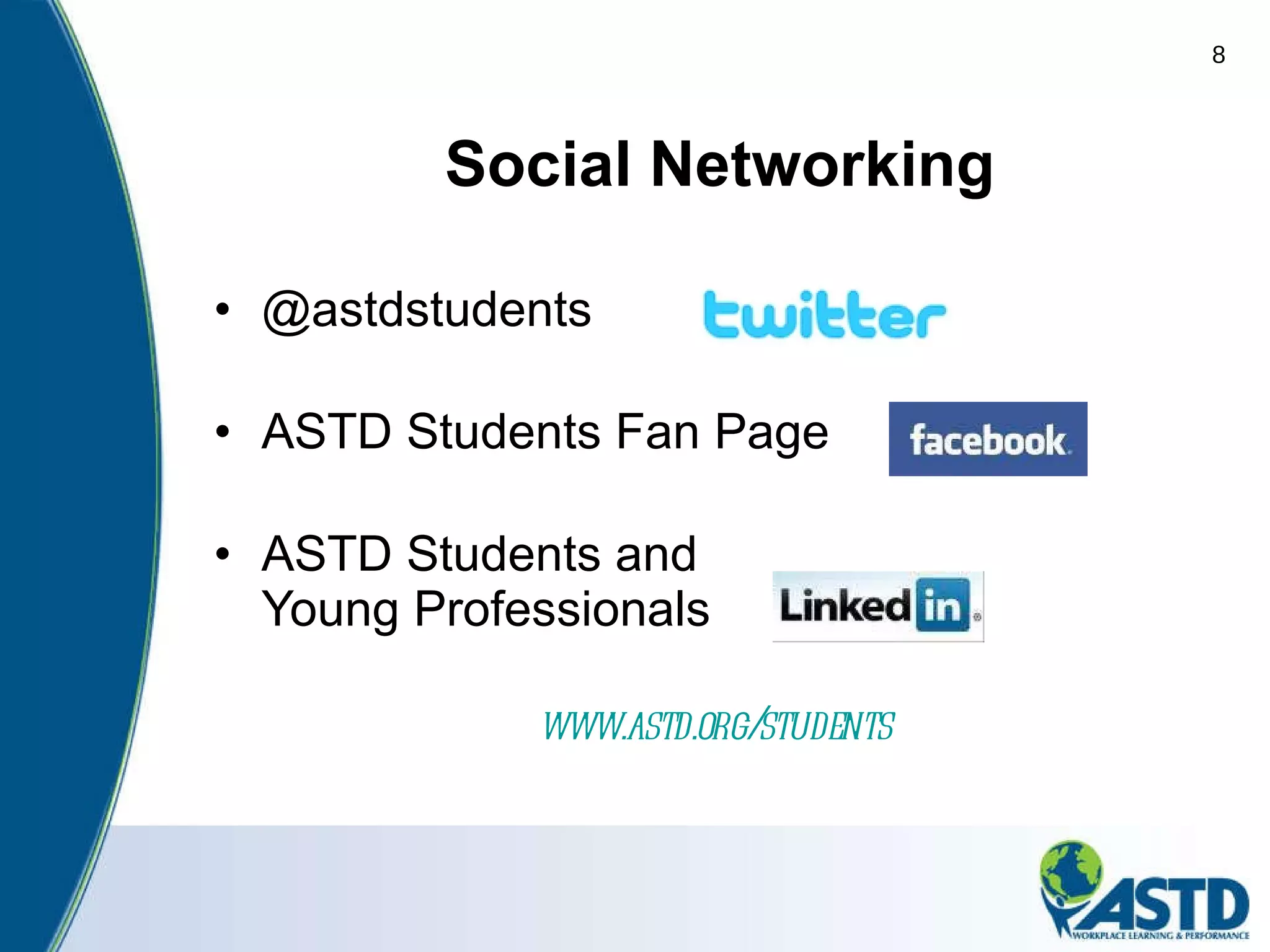 Social Networking @astdstudents ASTD Students Fan Page ASTD Students and  Young Professionals www.astd.org/students   