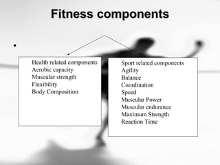 Fitness componentsFitness components
•
Health related components
Aerobic capacity
Muscular strength
Flexibility
Body Composition
Sport related components
Agility
Balance
Coordination
Speed
Muscular Power
Muscular endurance
Maximum Strength
Reaction Time
 