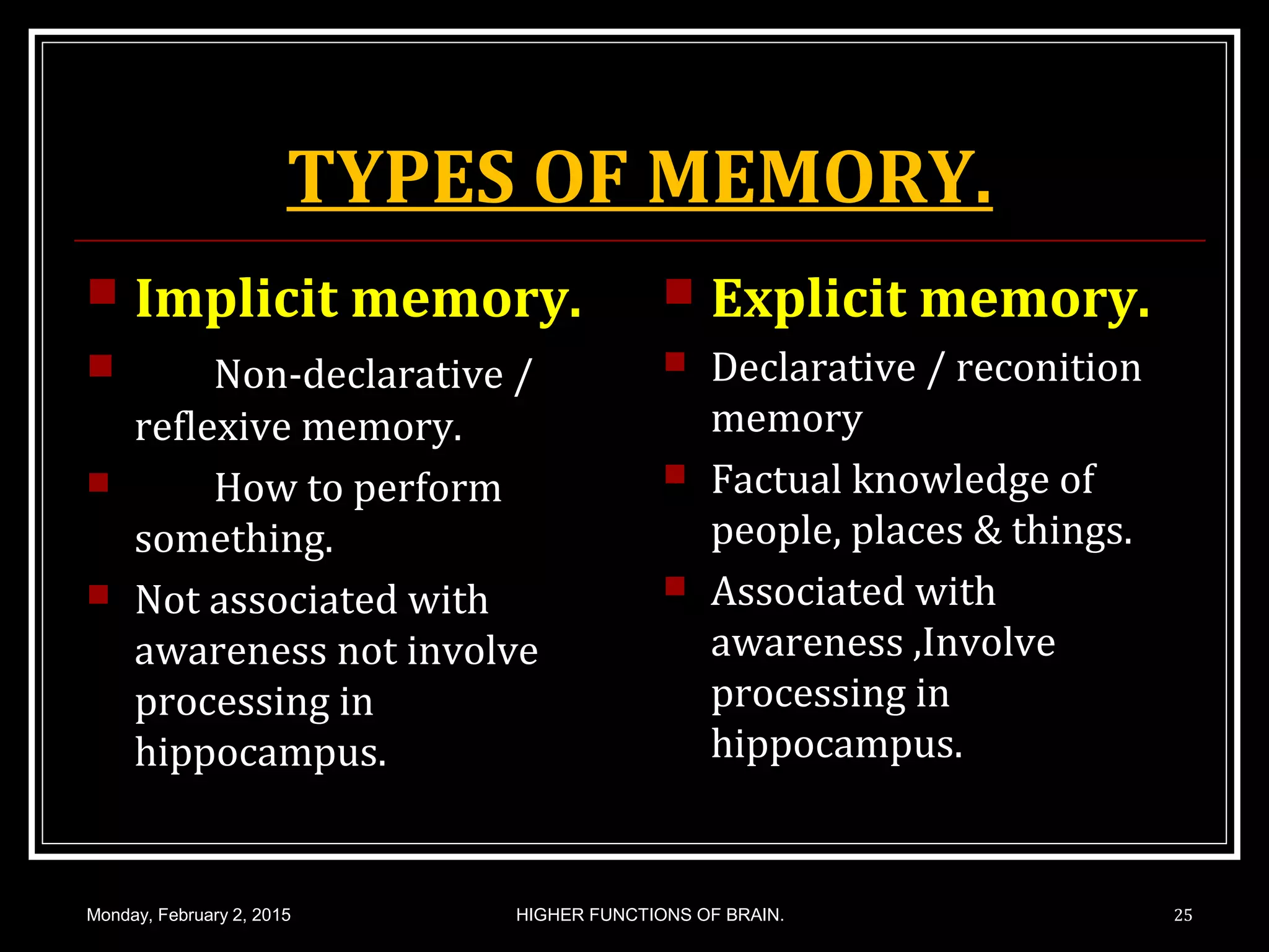 TYPES OF MEMORY.
 Implicit memory.
 Non-declarative /
reflexive memory.
 How to perform
something.
 Not associated with
awareness not involve
processing in
hippocampus.
 Explicit memory.
 Declarative / reconition
memory
 Factual knowledge of
people, places & things.
 Associated with
awareness ,Involve
processing in
hippocampus.
Monday, February 2, 2015 HIGHER FUNCTIONS OF BRAIN. 25
 