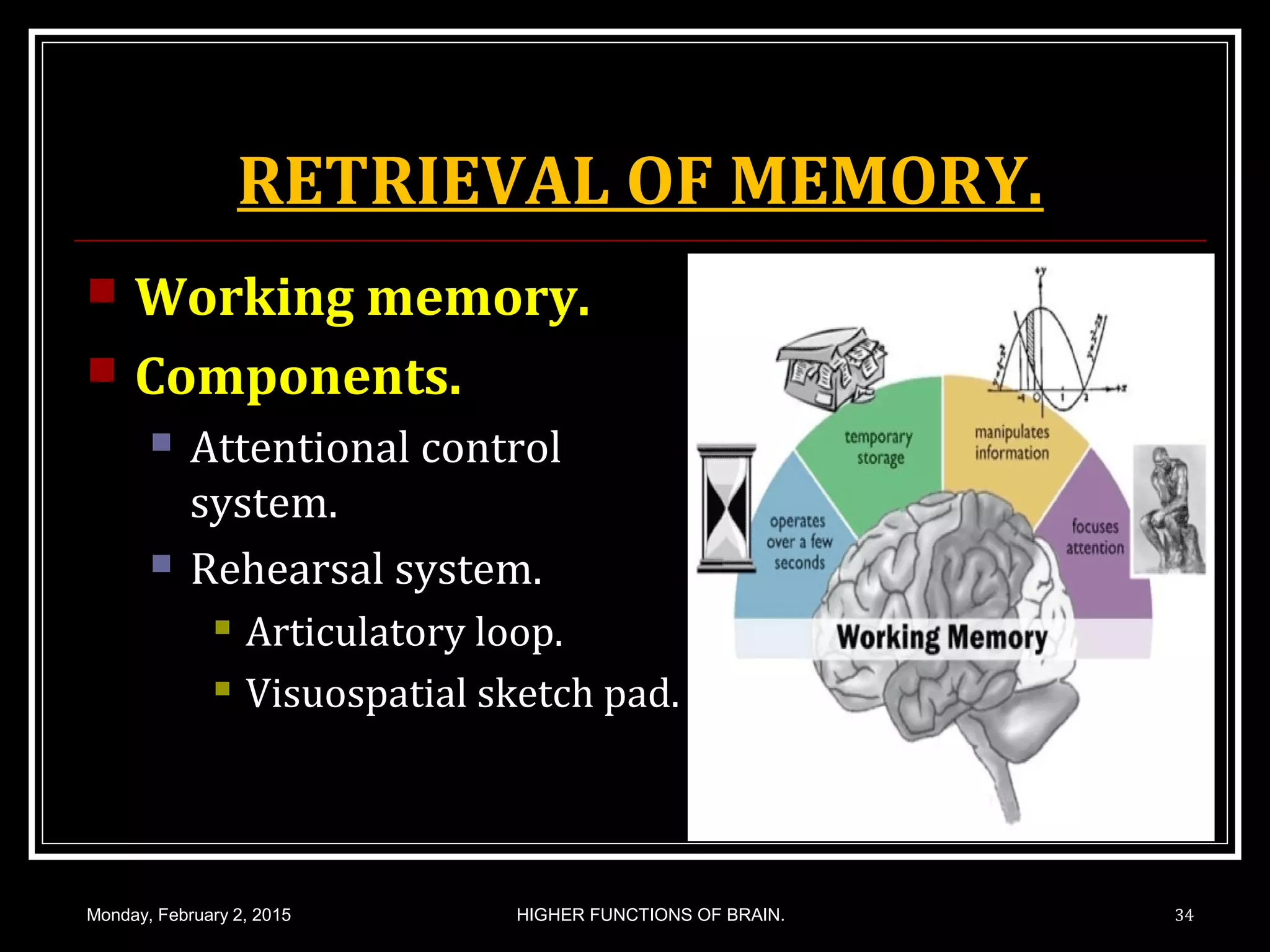 RETRIEVAL OF MEMORY.
 Working memory.
 Components.
 Attentional control
system.
 Rehearsal system.
 Articulatory loop.
 Visuospatial sketch pad.
Monday, February 2, 2015 HIGHER FUNCTIONS OF BRAIN. 34
 