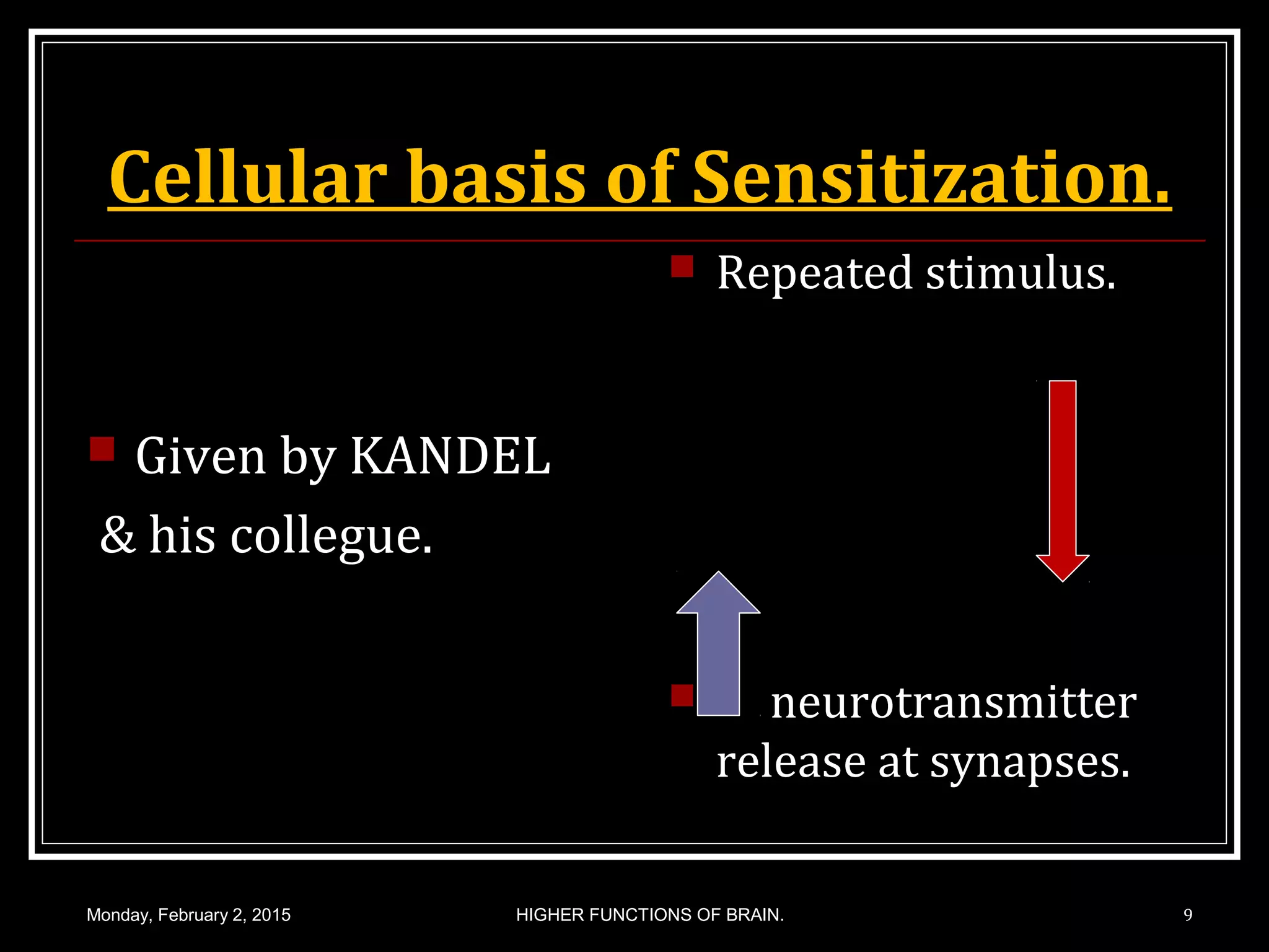 Cellular basis of Sensitization.
 Given by KANDEL
& his collegue.
 Repeated stimulus.
 neurotransmitter
release at synapses.
Monday, February 2, 2015 HIGHER FUNCTIONS OF BRAIN. 9
 