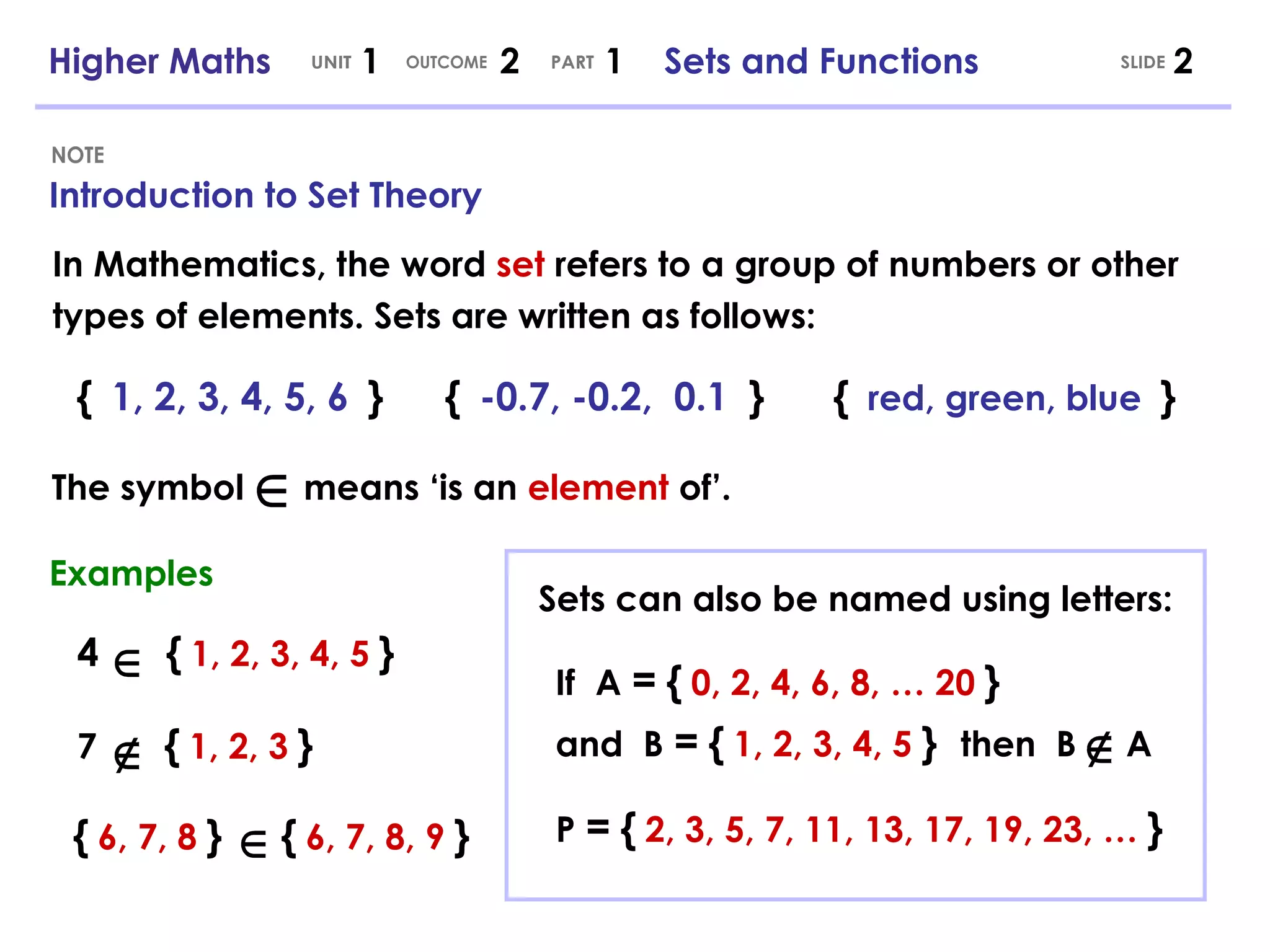 The symbol  means ‘is an  element  of’. Introduction to Set Theory NOTE In Mathematics, the word  set  refers to a group of numbers or other types of elements. Sets are written as follows: Examples {   1, 2, 3, 4, 5, 6   } {   -0.7, -0.2,  0.1  } {   red, green, blue  } 4   {  1, 2, 3, 4, 5  } Î Ï Î 7   {  1, 2, 3  } {  6, 7, 8  }   {  6, 7, 8, 9  } Î Ï If  A  =   {  0, 2, 4, 6, 8, … 20  } and  B  =   {  1, 2, 3, 4, 5  }  then  B  A Sets can also be named using letters: P  =   {  2, 3, 5, 7, 11, 13, 17, 19, 23, …  }   Higher Maths  1  2  1  Sets and Functions UNIT OUTCOME SLIDE PART 
