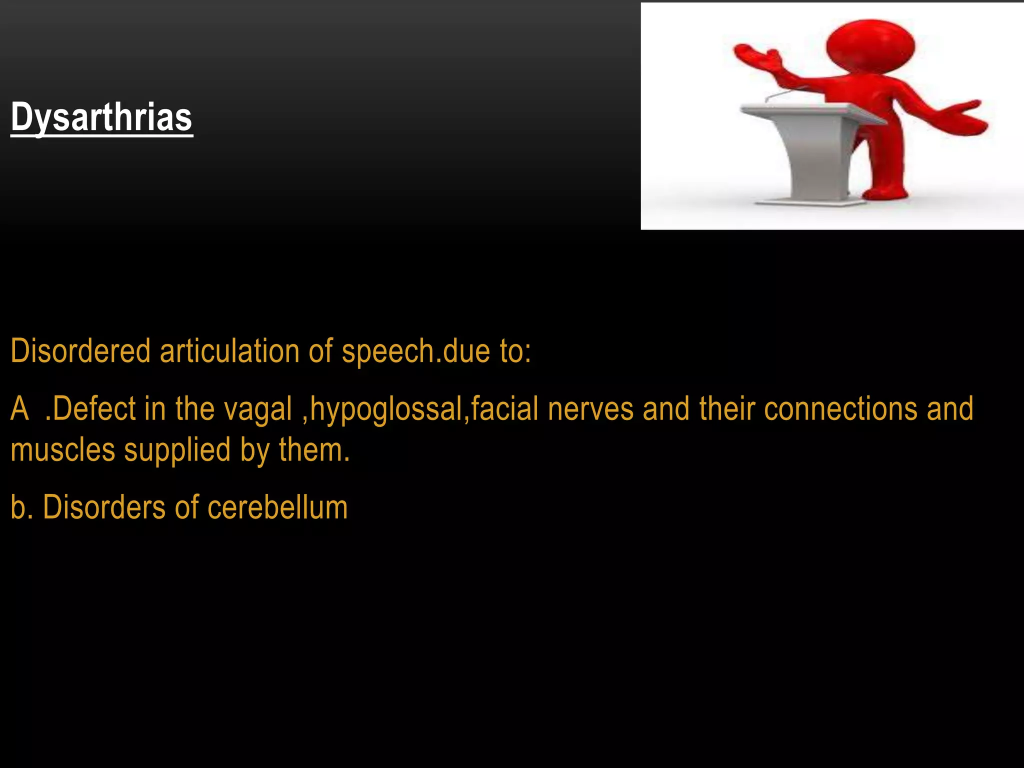 Dysarthrias
Disordered articulation of speech.due to:
A .Defect in the vagal ,hypoglossal,facial nerves and their connections and
muscles supplied by them.
b. Disorders of cerebellum
 